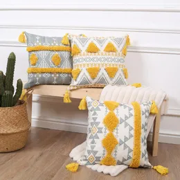 Travesseiro de bordado de impressão marroquina de travesseiro Amarelo cinza boho étnico com quatro cantos borla 45x45cm decoração em casa