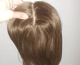 Women Hair Toupee Silk Baza prosta ludzka topper z 4 klipsami europejski dziewiczy kawałki ludzkie skóra naturalne skóry głowy Brązowe włosy zastępcze 15x16cm