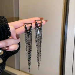 Hollow Triangle Geometric Earrings for Women Black Long Tassel Rhinestone Dangle Earrings Jewelry Gifts