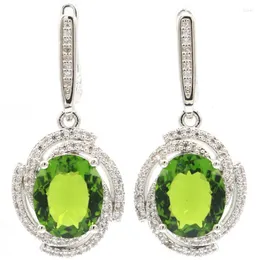 Ohrhänger, 35 x 16 mm, romantisch, 6,4 g, grüner Peridot, rosa Kunzit, weiße CZ, für Frauen, Hochzeit, Silber