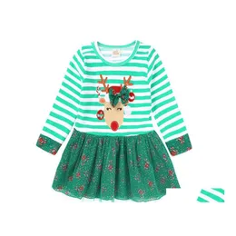 Flickans klänningar ins flickor jul långärmad strip bomull och gasväv tutu baby vårens höst Oneck Green Milu Deer Print Bubble Ski Dhpr1