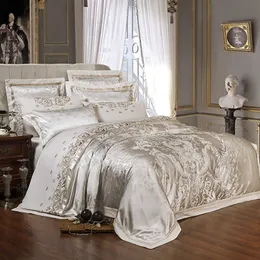 Наборы для постельных принадлежностей Sliver Gold Роскошное шелк -атлас жаккардовый пуховой крышку, постельные принадлежности Queen King размер вышива