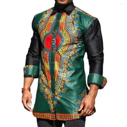 الملابس العرقية للرجال الأخضر الأفريقي Dashiki طباعة زر أسفل قمصان ضئيلة طويلة الأكمام ملابس الرجال قميص الزي التقليدي