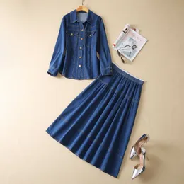2022 Autumn Blue Pockets Two Piece Dress Set Long Sleeve Lapel Neck denim Single-Breasted Blus High midja Long Kjoldräkter Set S2D07