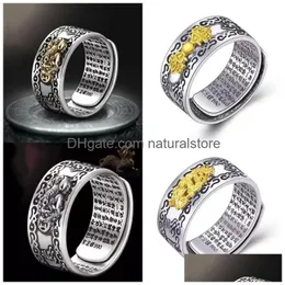 Pierścionki Feng Shui Pixiu Charms Ring Band Amet bogactwo Lucky Carving Pismo otwarte regulowane pierścionki buddyjska biżuteria dla kobiet i Dhr4X