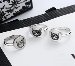 Europe America Retro Lady Women M￤ssing Silver Plated Graved Cat Head G Letter Round Disk Rings Size684359608