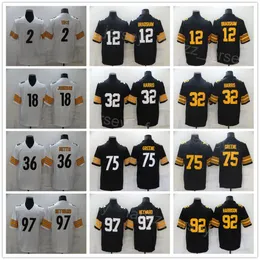 남자 축구 97 Cameron Heyward 저지 18 Diontae Johnson 12 Terry Bradshaw 32 Harris 36 Jerome Bettis 75 Joe Greene 92 James Harrison 2 Mike Vick 스티치 블랙 화이트