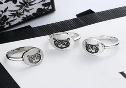 Europe America Retro Lady Women m￤ssing Silver Plated Graved Cat Head G Letter Round Disk Rings Size683920256