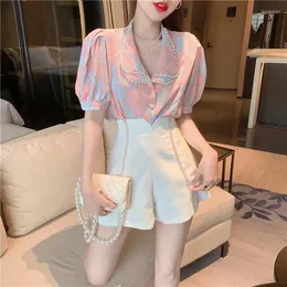 Women's Tracksuits Korean Chiffon Shirt High Waist Suit Wide Leg Shorts Chic Two-piece Set Ensemble Femme Deux Pieces Year-old Female