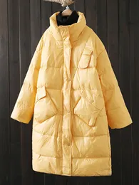 Kvinnor ner parkas ailegogo vinter kvinnor tjocka varm vit ner långjacka casual kvinnlig lös passform stativ krage blixtlås fickrock snö outwear 221208