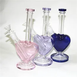 Purple Heart Shape Glass Bong Love Glass Bowl Hookahs Recycler Water Pipes 14mm Female Joint Oil Dab Rigs