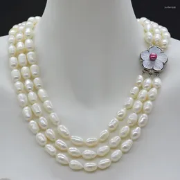 Choker 9-10MM 3 Layers. Natural Rice Grained Baroque Pearl Necklace. The Most Classic Ladies Birthday Party. Gift 19-24"