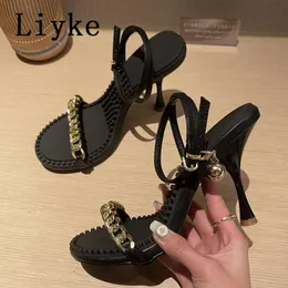 Sandals Liyke High Quality Cozy Non-slip Massage Women Sandals Fashion Metal Chains Stiletto Heels Ankle Strap Summer Open Toe Shoes T221209