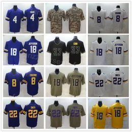 Men Football 18 Justin Jefferson Jersey 8 Kirk Cousins ​​22 Harrison Smith 33 Dalvin Cook 4 Brett Favre Team Purple White Black Yellow Army Green Olive Salute to Service