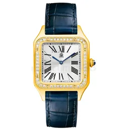 Fashion men's diamond watch quartz movement square stainless steel case sapphire lens quick removal leather strap
