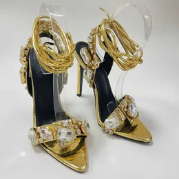 Sandali 2022 nuove donne di cristallo da sposa strass tacchi alti e tacco basso cinturino alla caviglia partito scarpe a punta scarpe sexy colore della caramella grande