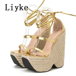 35-42 сандалии открытые Liyke Летняя платформа размером с женский панш на высокие каблуки сандалии модная лодыжка Cross Cross-Up Shoes Gold T221209 476