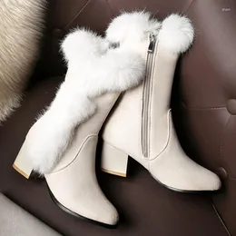 Boots Winter Women Casual Warm Fur Mid-Calf Shoes Slip-On Round Toe Wedges Snow Muje Plus Size 45