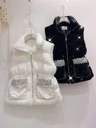 Women's stand collar zipper front fly paillette shinny bling rhinestone slim waist cotton padded vest coat