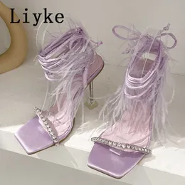 Feather Crystal Liyke Blue Decor Summer Tassels Women Transparent High Heels Sandals Sexy Open Toe Lace Up Runway Shoes Pumps T221209 219