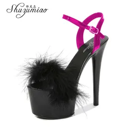 Women Shoes Pole Dance Colors 2021 Mixed Fur Feather Sandals Stripers Heels Platform 17 CM Sexy High Heel T221209 130