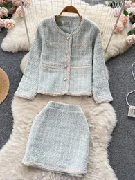 Vestidos de trabalho, estilo coreano, mulheres roupas de moda de miçangas de tweed lã de lã única capa de capa de casaco de peito de tweed de outono verde de 2 peças de 2 peças