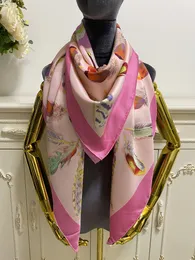 Quadratischer Schal für Damen, hochwertiges 100 % Twill-Seidenmaterial, rosa Farbe, Pint-Federmuster, Größe 130 cm – 130 cm