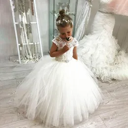 Girl Dresses Puffy Tulle Pricess Beading Wedding Party Flower Girls Dress Custom Made Appliqued Backless Ribbon First Communion Ball Gowns