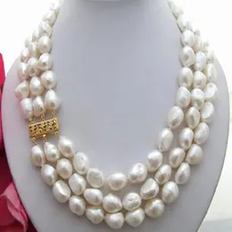 3ROWS10-11mm White Freshwater Pearl Sweater Chain Necklace 17-19 tum