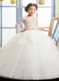 Girl Dresses Flower Girls Dress For Wedding Party High Neck Baptism Gowns Tulle Full Sleeve Appliques Kid Holy Communion Gown