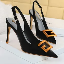 Women Button Schuhe Pumps BigTree Party Metal Hollow Out High Summer Stiletto Heels Sandalen neu t