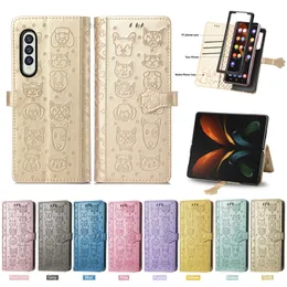 Cute Cartoon Cat Dog Pattern PU Leather Cases With Magnetic Clasp Cash Card Slots Holder Stand Cover For Samsung Galaxy Z Fold 4 3 5G Fold3 Fold4