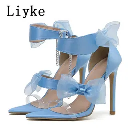 Womens Bowknot Liyke Sandals Satin Summer Blue Elegant Pointed Open Toe Thin High High Heels Byre Strap Transparent Shoes Size35-42 T221209 212