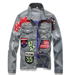 Slim Slim Vintage American Flag Jeans Jacket Punk Motorcycle Denim Coat Turn Down Collar Badge Patch Design Outerwear297J