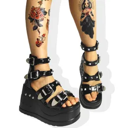 Platform High Wedges GIGIFOX Zip women's Sandals Gothic Style Open Toe Casual Leisure Black Brand Designer Metal Summer 4c15
