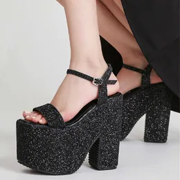 Gigifox Sequined Chunky Platform Block Heels Super High ökande Summer Gothic Women's Shoes Sandaler T221209