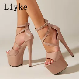 Sandals Liyke Fashion Runway Runway Cankle Strap Platform Sandals Women Summer Patent Leather Open Tee Zip Sexy 17cm High High Cheels Dance Shoes T221209