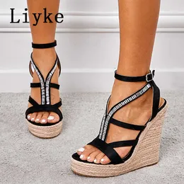 Piattaforma Crystal Sandals Apri Fashion Summer Liyke Ankle Fiblle Cinghia Abito da festa High Teli zeppe Scarpe per donne T221209 360