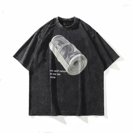 Erkek Tişörtleri Erkek Sokak Giyim Hip Hop Kısa Kollu T-Shirt Banknotlar Baskı Sıkıntılı Yaz Pamuklu Yıkalı Tshirt