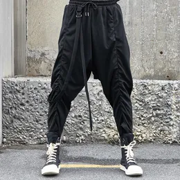 Calça masculina design plissado de design masculino harém gótico Japão de streetwear casual fitas machos calça solta para homens figurinos de palco