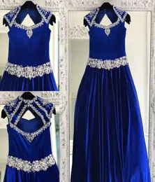 Royal Blue Velvet Pageant Dresses For Teens 2023 Crystals Rhinestones Long Pageant Gowns Little Girls Queen Anne Neck Formal Party3678267