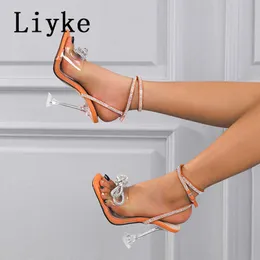 Moda liyke farfly-knot 2022 cristallo donna arrivo nuovi sandali di nozze estate aperta fibbia con fibbiano tacchi trasparenti scarpe t221209 652