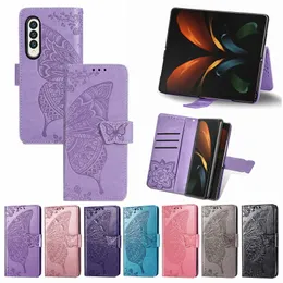 Samsung Galaxy Z Fold 4 3 Big Butterflyエンボス加工TPU PUレザーフリップスタンドカバーケース付きカードスロットのウォレット電話ケース