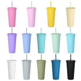 DHL 22oz Tumblers Mat Renkli Akrilik Tumbler Kapak ve Pipetler Çift Duvar Plastik Resuable Kupa Tumbler