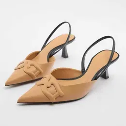 Metallspänne mulor hög klack tunna mode slingback sandaler kvinnor pekade tå ankel remskor för festklänning pumpar mujer t