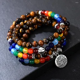 Strand Tree Life 7 Chakra Tiger Eye Stone Armband Women Unisex Christmas Year Gift Mala 108 Buddha Healing Beaded Armband Men