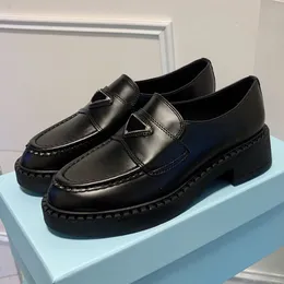 Pradian Women designer shoe round toe black chocolate leather loafers luxury platform triangle dress shoes
