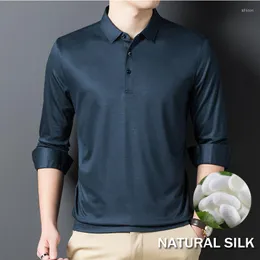 Men's Polos 45.8% Lyocell Fiber 8.5% Silk Long Sleeve Polo Shirt Men High Quality Brand Poloshirt Wear Breathable Para Hombre Slim Fit