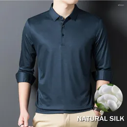 Polos męski 45,8% Lyocell Fibre 8,5% jedwabna koszulka polo z długim rękawem Mężczyźni Wysoka jakość marki Poloshirt zużycie oddychania para hombre szczupły dopasowanie