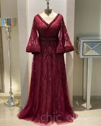 2023 Arabic Aso Ebi Burgundy A-line Prom Dresses Lace Beaded Luxurious Evening Formal Party Second Reception Birthday Engagement Gowns Dress ZJ223